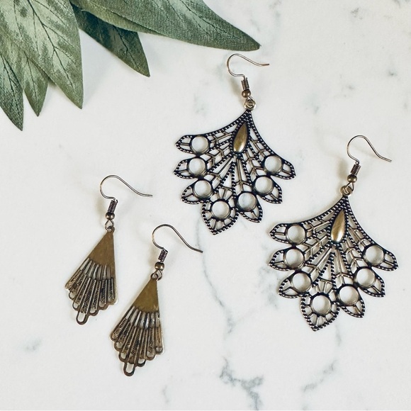 Jewelry - 3/$22🩶 Bohemian Chandelier Cutout Filigree Antiqued Gold Set 2 Earrings Boho